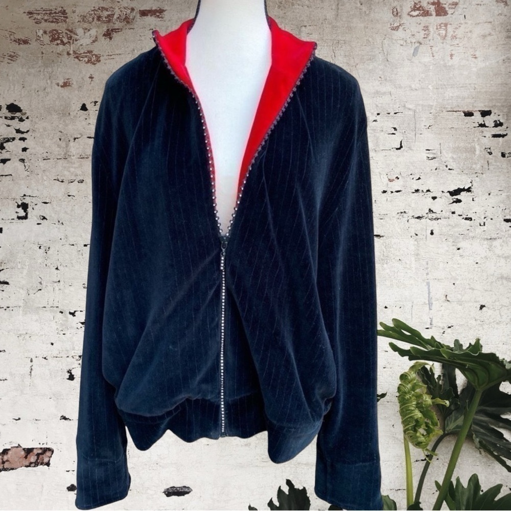 Reversible Navy Velour Zip Jacket with Red Lining